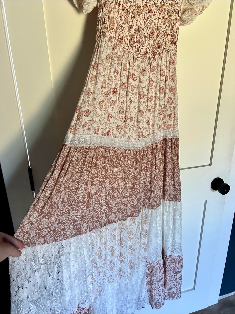 Altar'd State Cream Dress with brown and rust Floral Print and lace medium - Picture 4 of 5